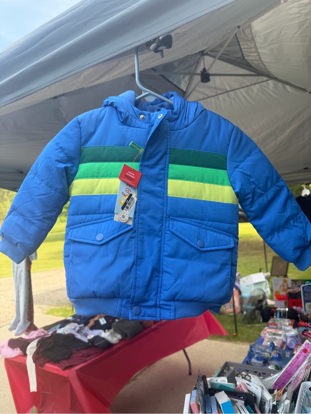 Cat & Jack Blue Puffer Jacket with Green and Lime Stripes